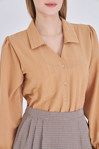 armonika Women's Mink V-Neck Balloon Sleeve Wrinkle Shirt Arm-25K001088