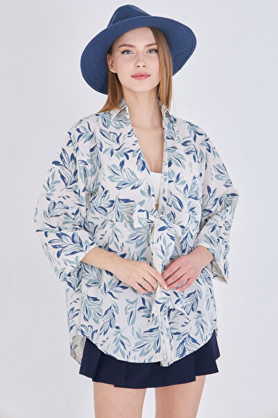 armonika Cămașă kimono cu șireturi în față pentru femei, cu model mentă deschisă, cu aspect de in ARM-24Y001079