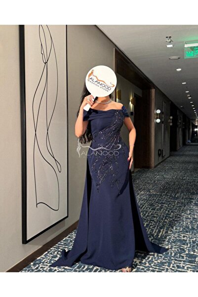 ALANOOD FASHION فستان اسوم كحلي سهرة مطرز يدوي بتصميم عصري