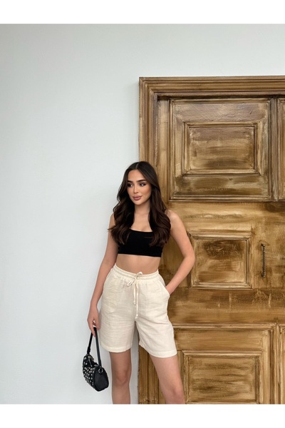 Ozy Fashion Beige (Stone) Color, Muslin Fabric, Pockets, Elastic Waist, Women's Midi Length, Summer Shorts