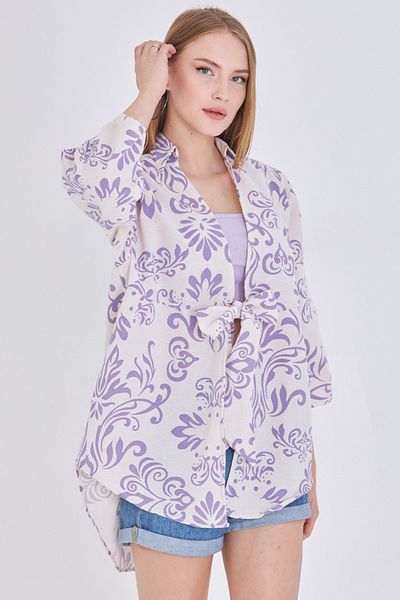 armonika Women's Light Lilac Patterned Linen Look Front Tie Kimono Shirt Arm-24Y001079