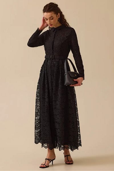 SEÇİL Women's Patterned Lace Detailed Belted Dress - Black