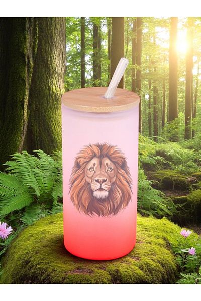 lili hediyelik Lion Printed Glass Water Bottle with Straw 600 ml