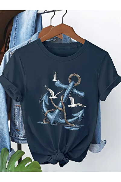 PERISENSE تي شيرت نسائي مطبوع بتصميم خاص من Anchor & Seagull