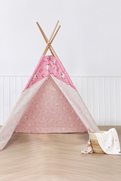 Genel Markalar COLLECTİON Unicorn Desenli Çocuk Oyun Çadırı, Ahşap Direkli Teepee, 150x150x200 cm, Pembe