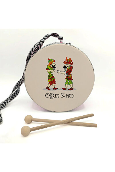 Souvenest Kişiye Özel_Karagöz Hacivat Baskılı, Gerçek Deri Oyuncak Çocuk Davulu, Sarı