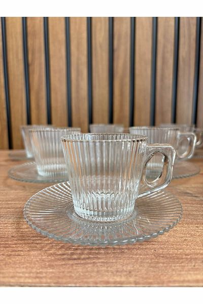 ARVALE Set of 6 Striped Coffee Cups 95 ml |   Glass Cup Set