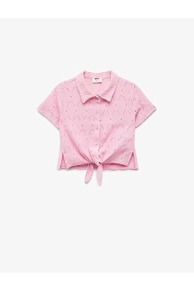 Koton Short Sleeve Tie Detail Shirt Collar Brodeled Blouse