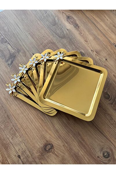 Maglor 6 Adet Mineli Papatya Aksesuarlı Gold Kare Sunum,kahve Tepsisi