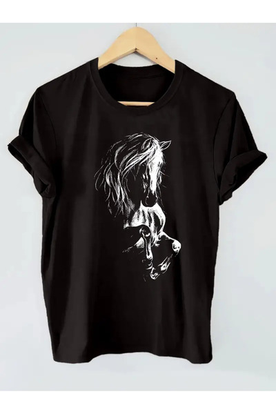 PERISENSE تي شيرت نسائي باللون الأخضر الكاكي مطبوع عليه حصان قافز