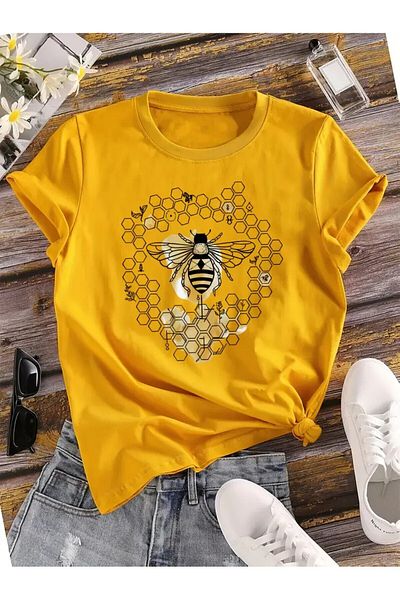 Boi Γυναικείο κίτρινο μπλουζάκι Bee & Honeycomb Special Design με στάμπα