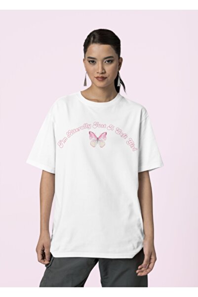PERISENSE Butterfly Printed White Oversize Casual Boyfriend T-Shirt