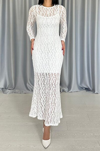 Butik ELEVA FEMME Beyaz Dantelli Uzun Kollu Elbise