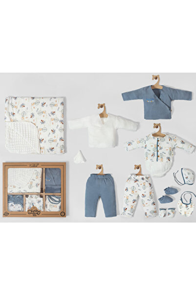 Pure Kids Store Kutulu %100 Organik Pamuk Müslin Erkek Bebek Uçak Figürlü 10 Parça Hastane Çıkış Seti