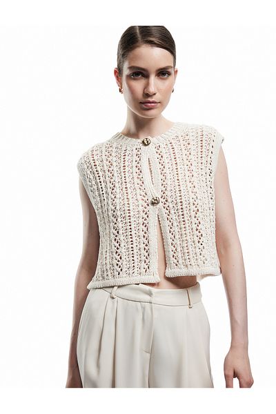 Koton Sleeveless Crew Neck Button Openwork Crochet Vest