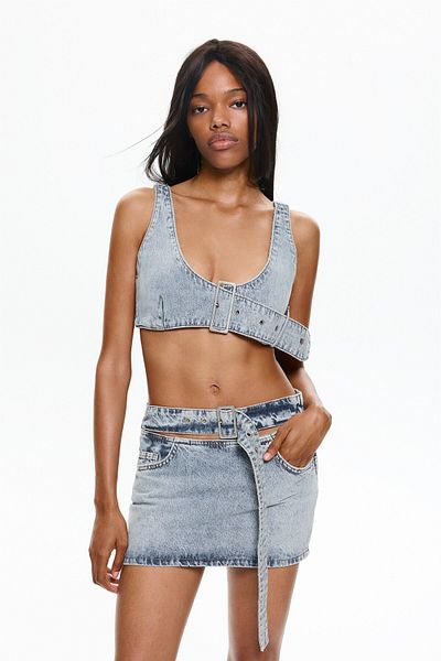 Pull & Bear Denim crop top with buckle