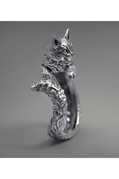 sarıyer silver Pet Themed Adjustable Open Size Steel Ring with Cat Figure Cat Ring