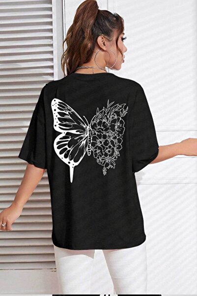 YRN COLLECTION تيشيرت نسائي أسود كبير الحجم مطبوع عليه فراشة خلفية