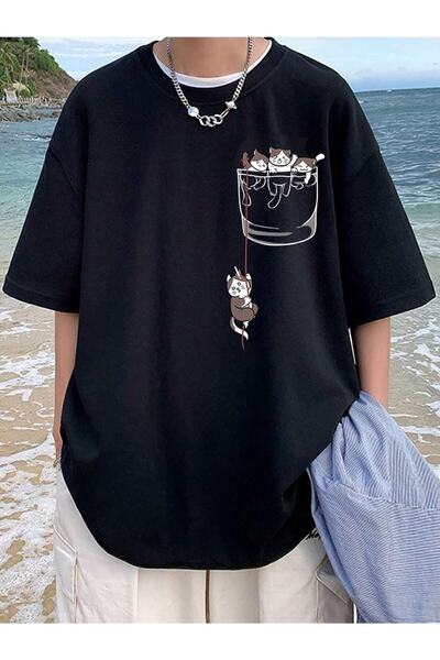 YRN COLLECTION Tricou oversize pentru bărbați cu buzunar raton imprimat Casua...