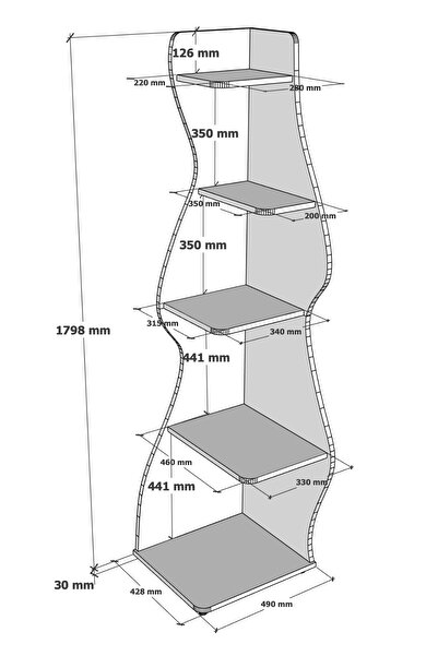 CMK Modüler Wave 5 Raflı Dekoratif Kitaplık Dosya Rafı 180 Cm Kitaplık