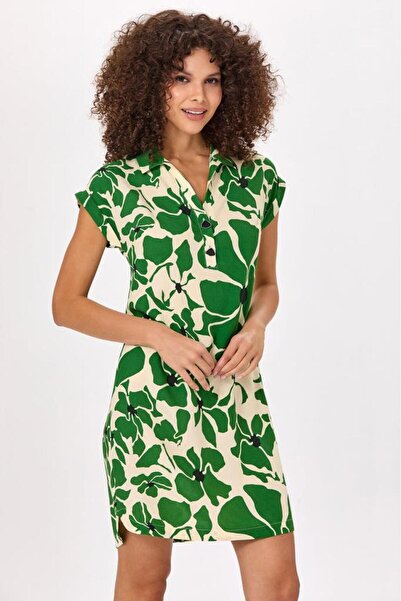 İKİLER Gömlek Yaka Önü Düğme Detaylı Desenli Elbise 025-4029