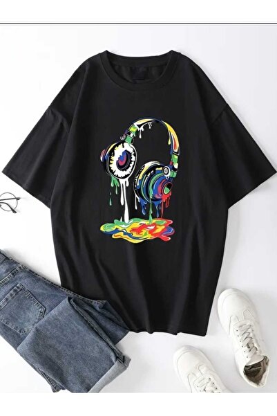 PERISENSE تي شيرت كاجوال كبير الحجم مطبوع عليه سماعات موسيقى للجنسين