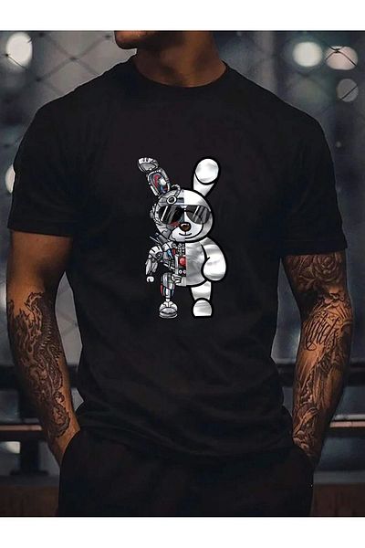 Boi Robot Rabbit T-Shirt - Μαύρο εμπριμέ κοντό μανίκι με λαιμόκοψη