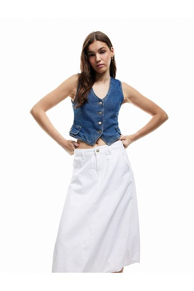 Koton Buttoned Comfortable Fit Midi Balloon Skirt with Pocket Detail
