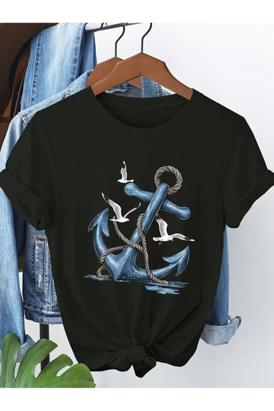 PERISENSE تي شيرت نسائي مطبوع بتصميم خاص من Anchor & Seagull