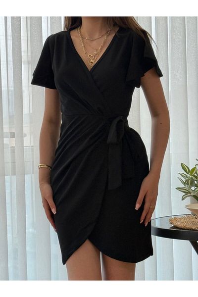 AKNButik Women's Short Sleeve Double Breasted Collar Tie Waist Imported Crepe Dress