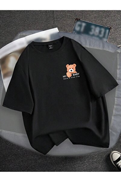 PERISENSE تي شيرت تيدي بير أسود - مطبوع بياقة دائرية وأكمام قصيرة