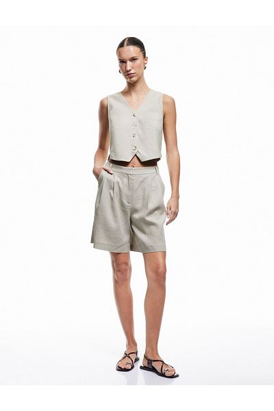 Koton Sleeveless V-Neck Buttoned Lined Linen Vest
