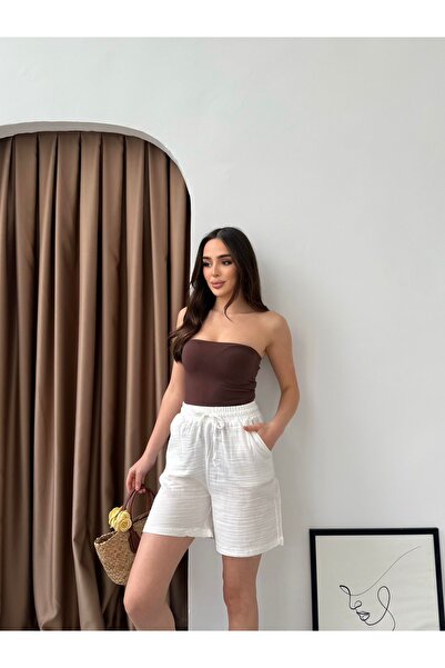 Ozy Fashion White, Muslin Fabric, Pockets, Elastic Waist, Women's Midi Length, Summer Shorts