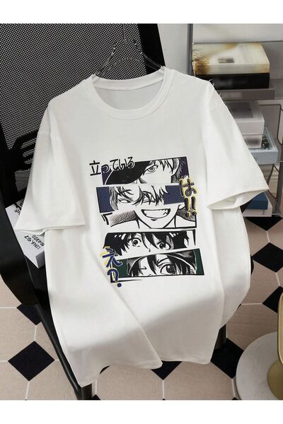 PERISENSE تي شيرت شخصيات الرسوم المتحركة - أبيض مطبوع كبير الحجم برقبة دائرية...