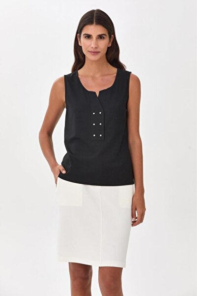 İKİLER Önü Metal Aksesuar Detaylı Kolsuz Bluz 025-1042