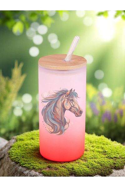 lili hediyelik Horse Printed Glass Water Bottle with Straw 600 ml