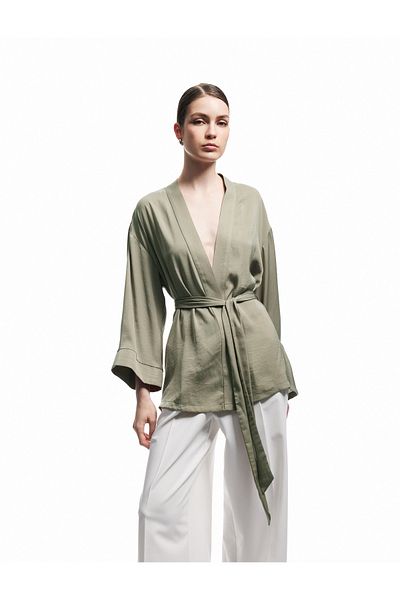 Koton Aerobin Fabric Belt Detailed 3/4 Wide Sleeve Satin Kimono