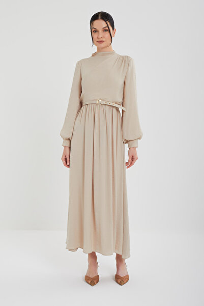 Jupe Women's Balloon Sleeve Pleated Belt Detailed Dress