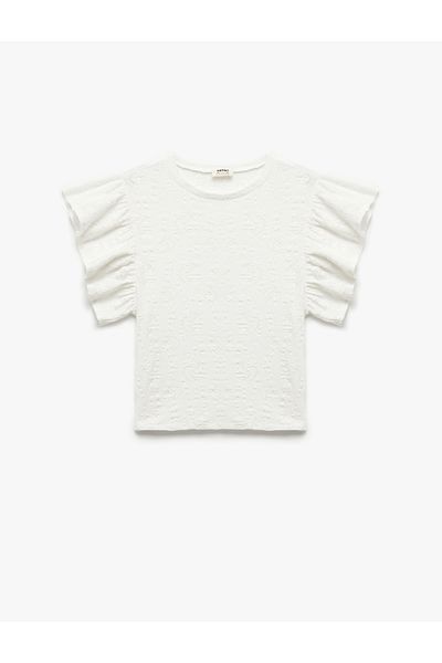 Koton Ruffle Detailed Crew Neck Butterfly Sleeve Textured Blouse