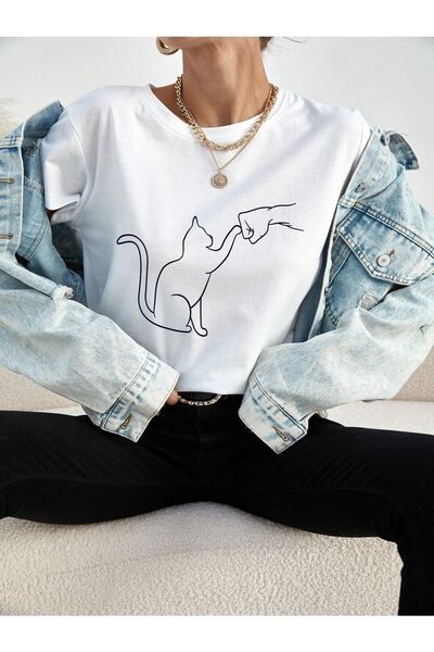 Boi Tricou Salas oversize pentru femei/fete cu imprimeu Cat Boyfriend