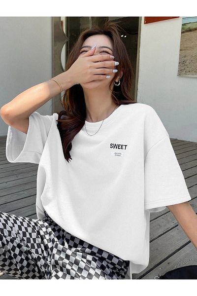 Boi Λευκό Sweet T-Shirt - Κοντό μανίκι με στάμπα Oversize Crew Neck