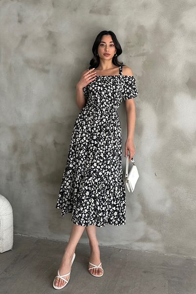 Mila Black Patterned Madonna Collar Midi Dress