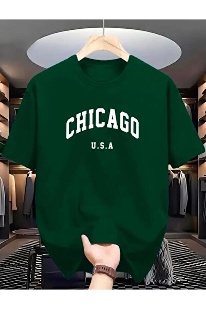 PERISENSE تي شيرت أساسي بتفاصيل نص شيكاغو