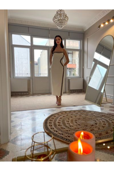 Seri Modern Cut Anthracite Stone Detailed White Midi Evening Dress