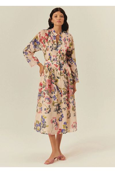 Exquise Front Button Midi Length Floral Pattern Skirt with Pockets