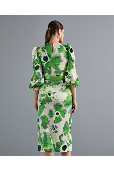 SERPİL Kadın Yırtmaçlı Elbise - Desenli - Kemer Detaylı - Modern ve Şık - Özel Gün ve Davet için Elbise