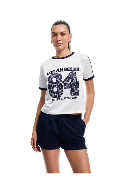 Koton Short Sleeve Crew Neck Striped Comfortable Fit Printed Sports T-Shirt