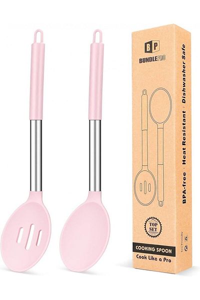 Bundlepro Set of 2 BUNDLEPRO spoons, silicone, pink/silver, 7 x 34 cm