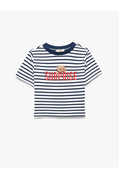 Koton Embroidery Detailed Short Sleeve Crew Neck Ribbed Crop T-Shirt
