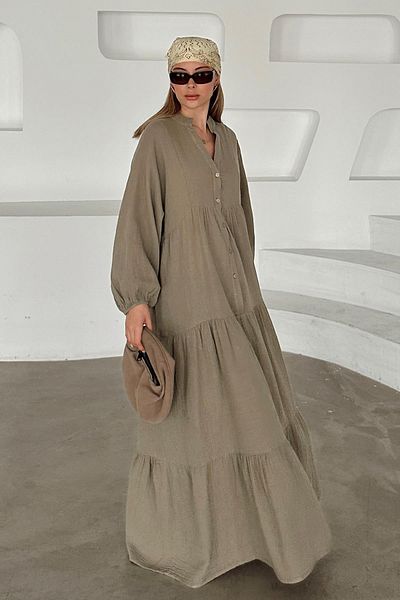 Olcay Lockere Kleidung aus Musselin mit Fledermausärmeln und Knopfleiste KHAKI 9330-E